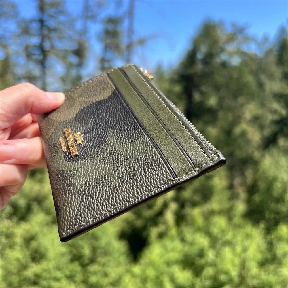 COACH Mini Skinny ID Case Cardholder Keychain Wallet Camo Print Gold Hardware